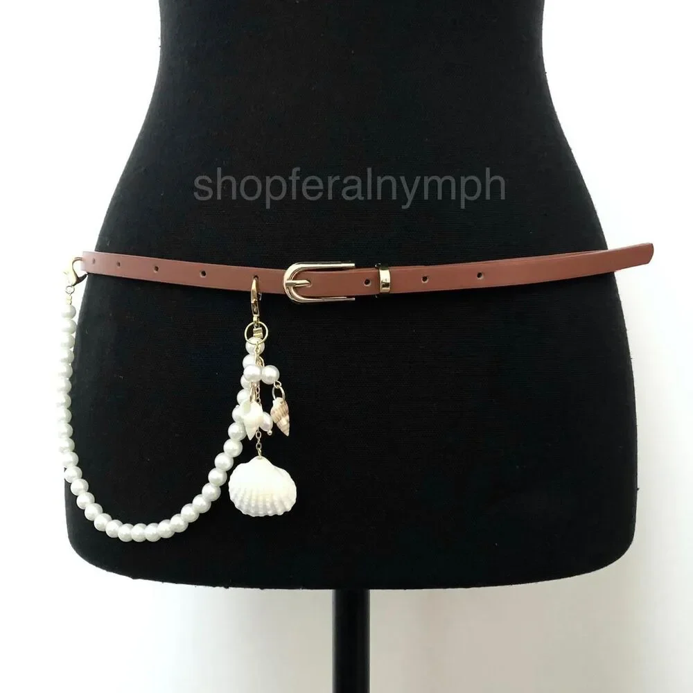 Mermaidcore Brown Faux Leather Pearl Shell Belt, Fits 32.5–35 Inches, X7GA1230